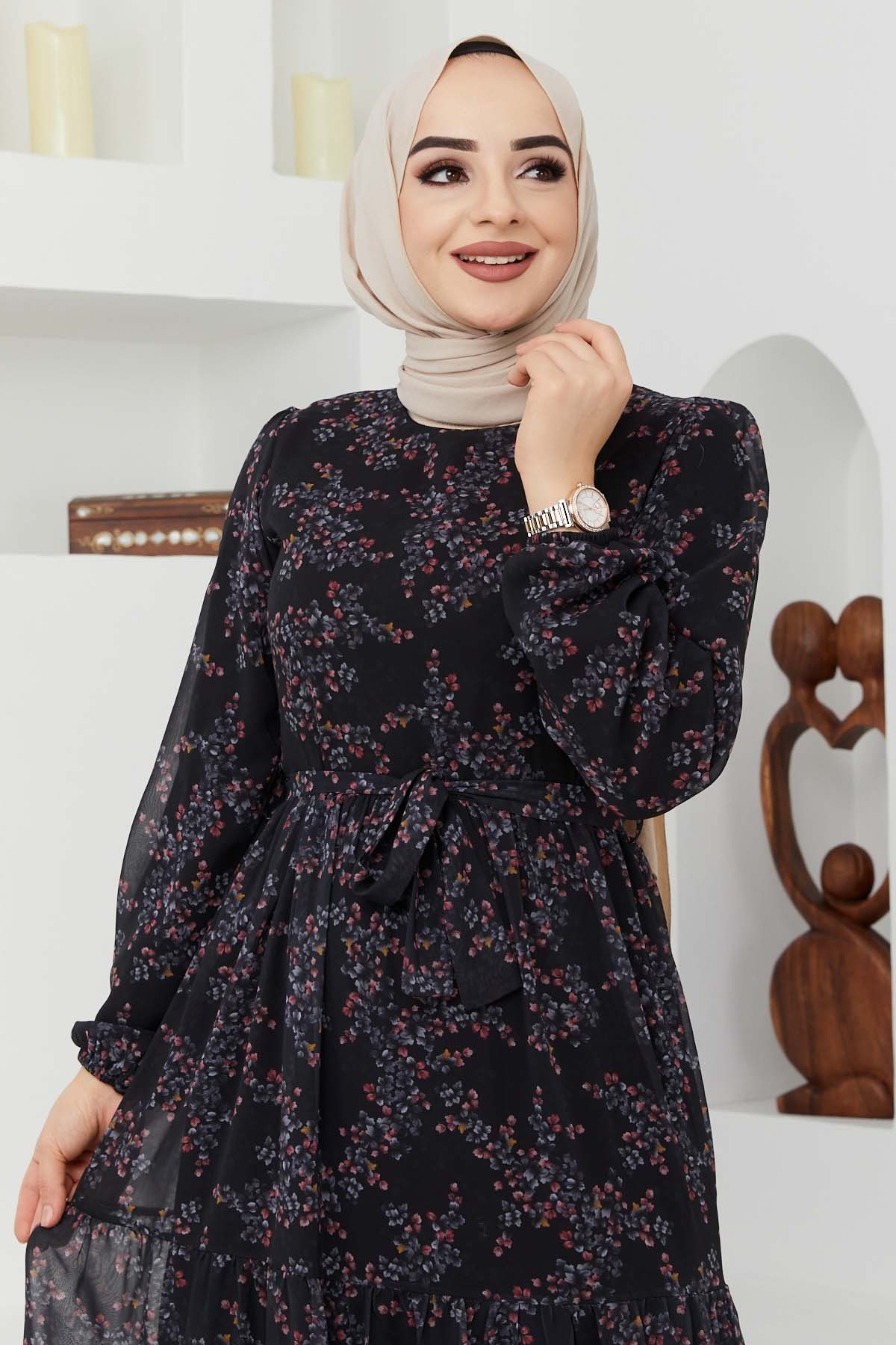 Çiçek Şifon Elbise - Siyah