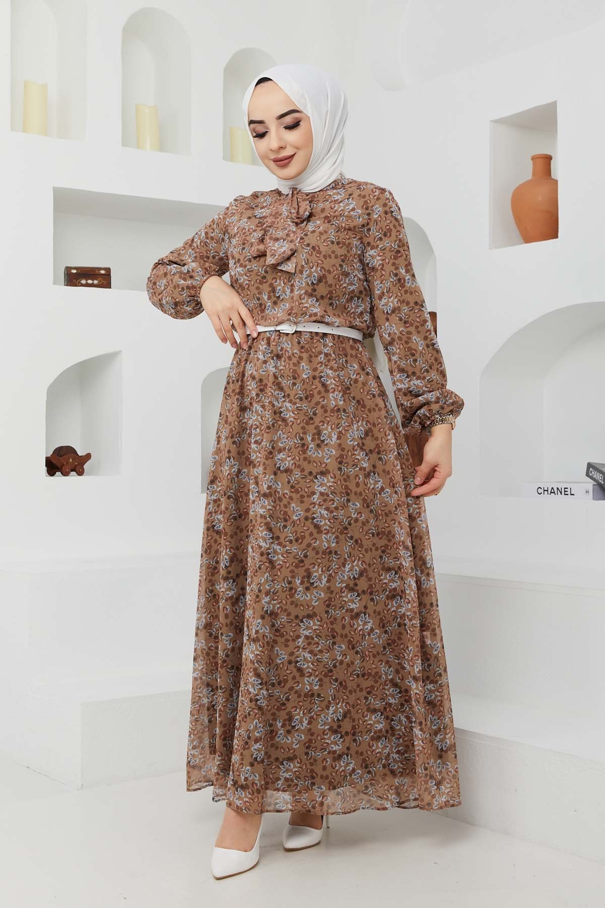 Çıtır Desen Şifon Elbise - Camel