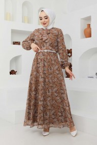 Çıtır Desen Şifon Elbise - Camel