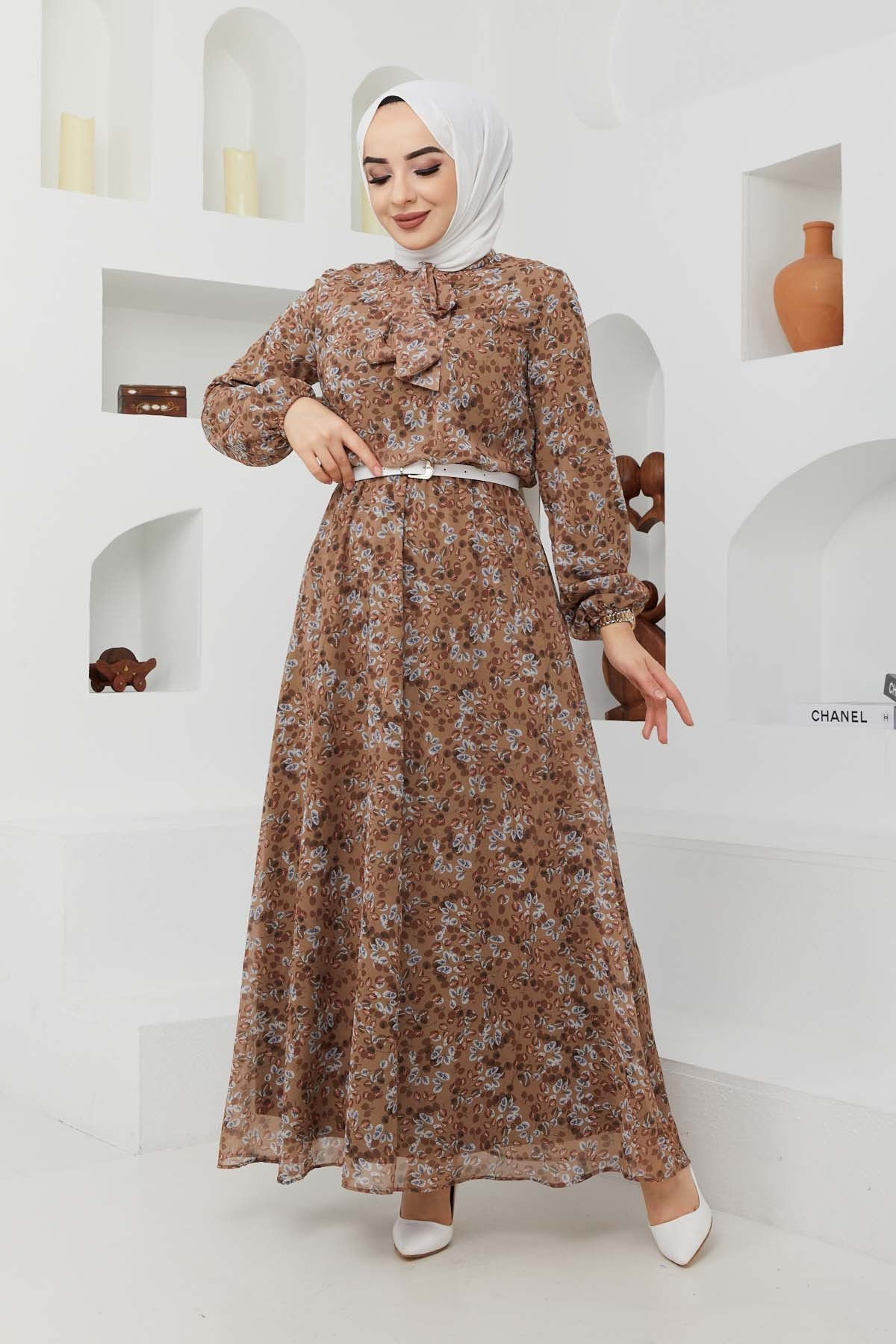 Çıtır Desen Şifon Elbise - Camel