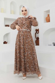 Çıtır Desen Şifon Elbise - Camel