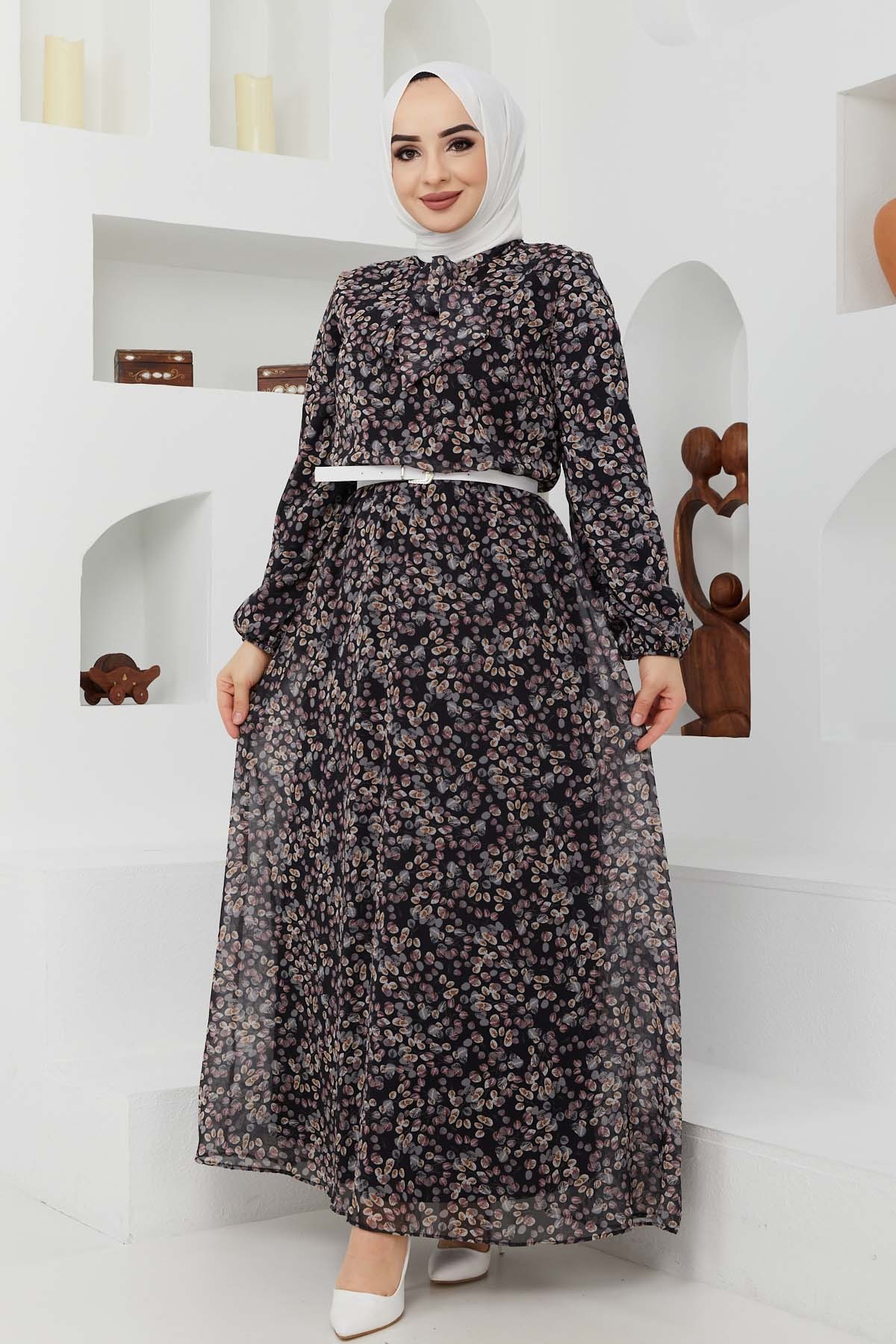 Çıtır Desen Şifon Elbise - Siyah