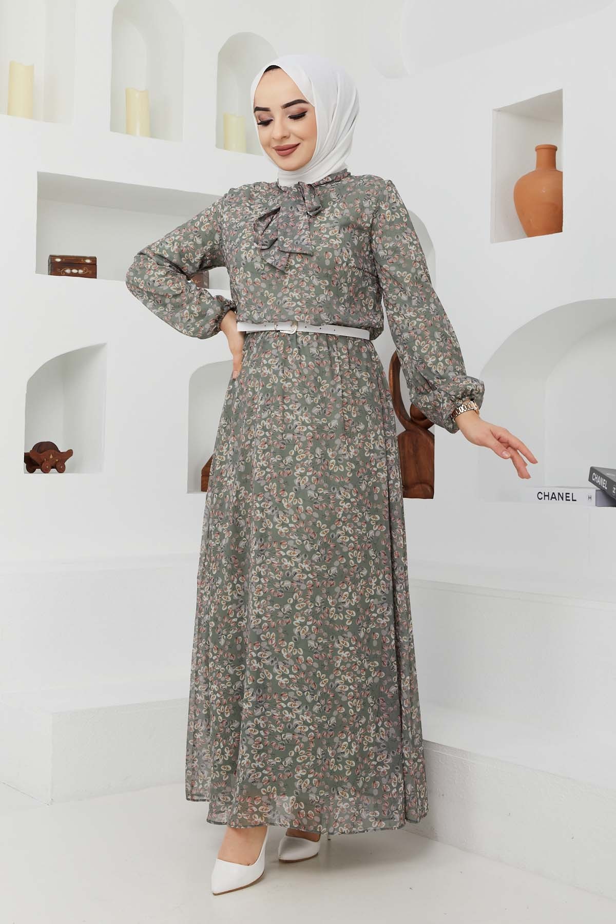 Çıtır Desen Şifon Elbise - Yeşil