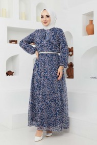 Çıtır Desen Şifon Elbise - Mavi