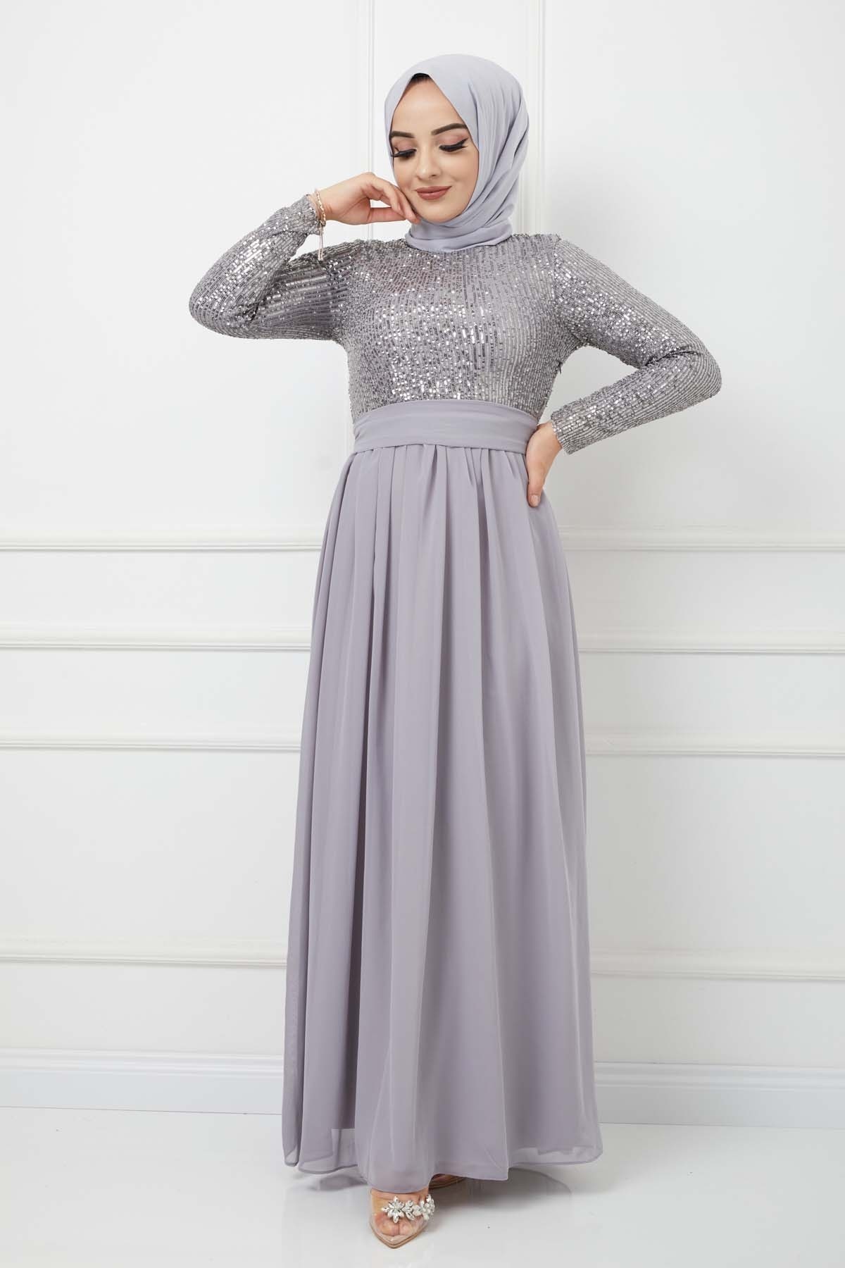 Üstü Pullu Abiye - Gri