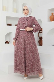 Çıtır Desen Şifon Elbise - Gül Kurusu