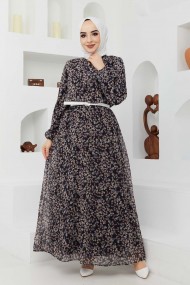 Çıtır Desen Şifon Elbise - Siyah