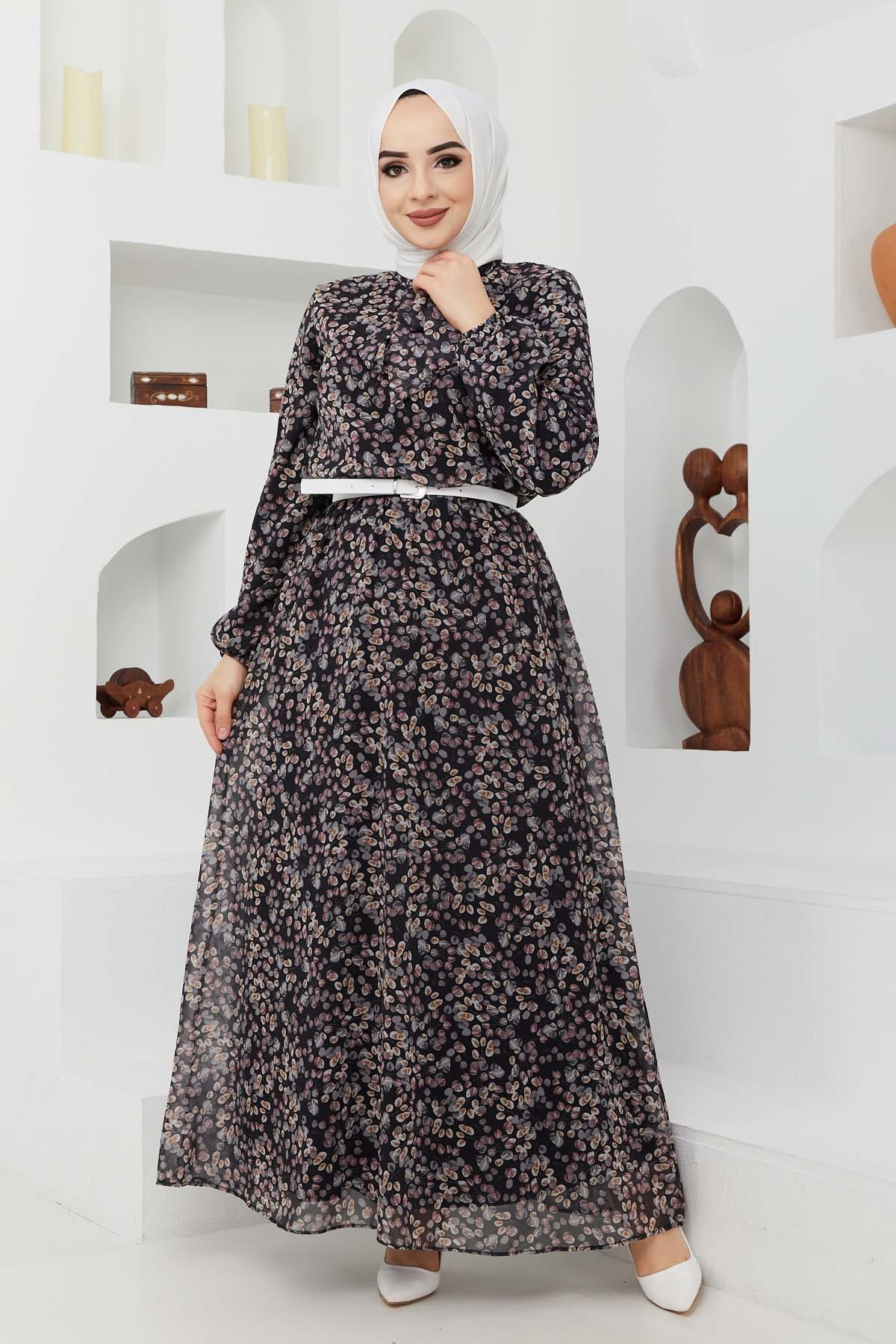 Çıtır Desen Şifon Elbise - Siyah