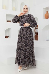 Çıtır Desen Şifon Elbise - Siyah