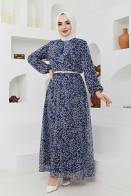 Çıtır Desen Şifon Elbise - Mavi