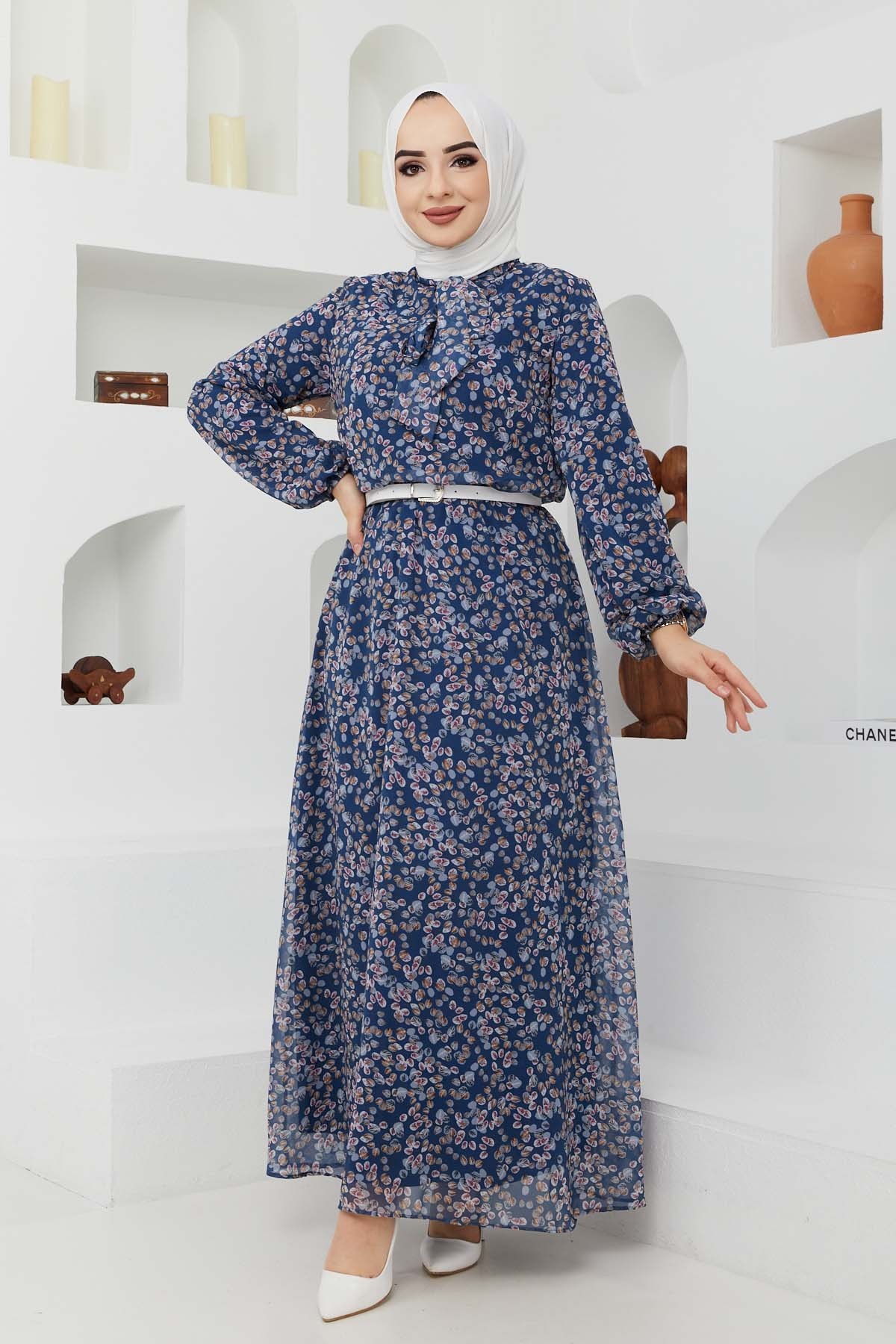 Çıtır Desen Şifon Elbise - Mavi