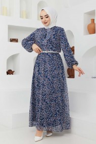 Çıtır Desen Şifon Elbise - Mavi