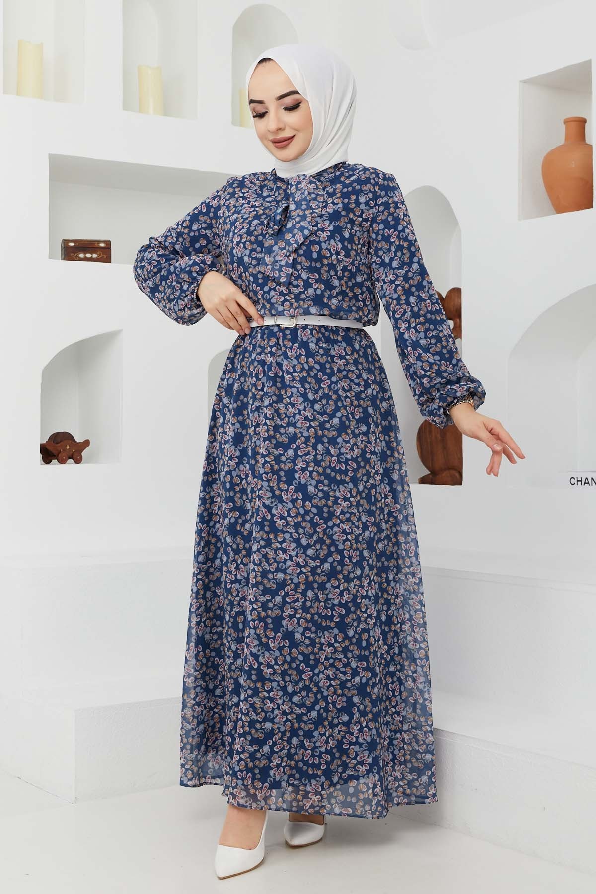 Çıtır Desen Şifon Elbise - Mavi