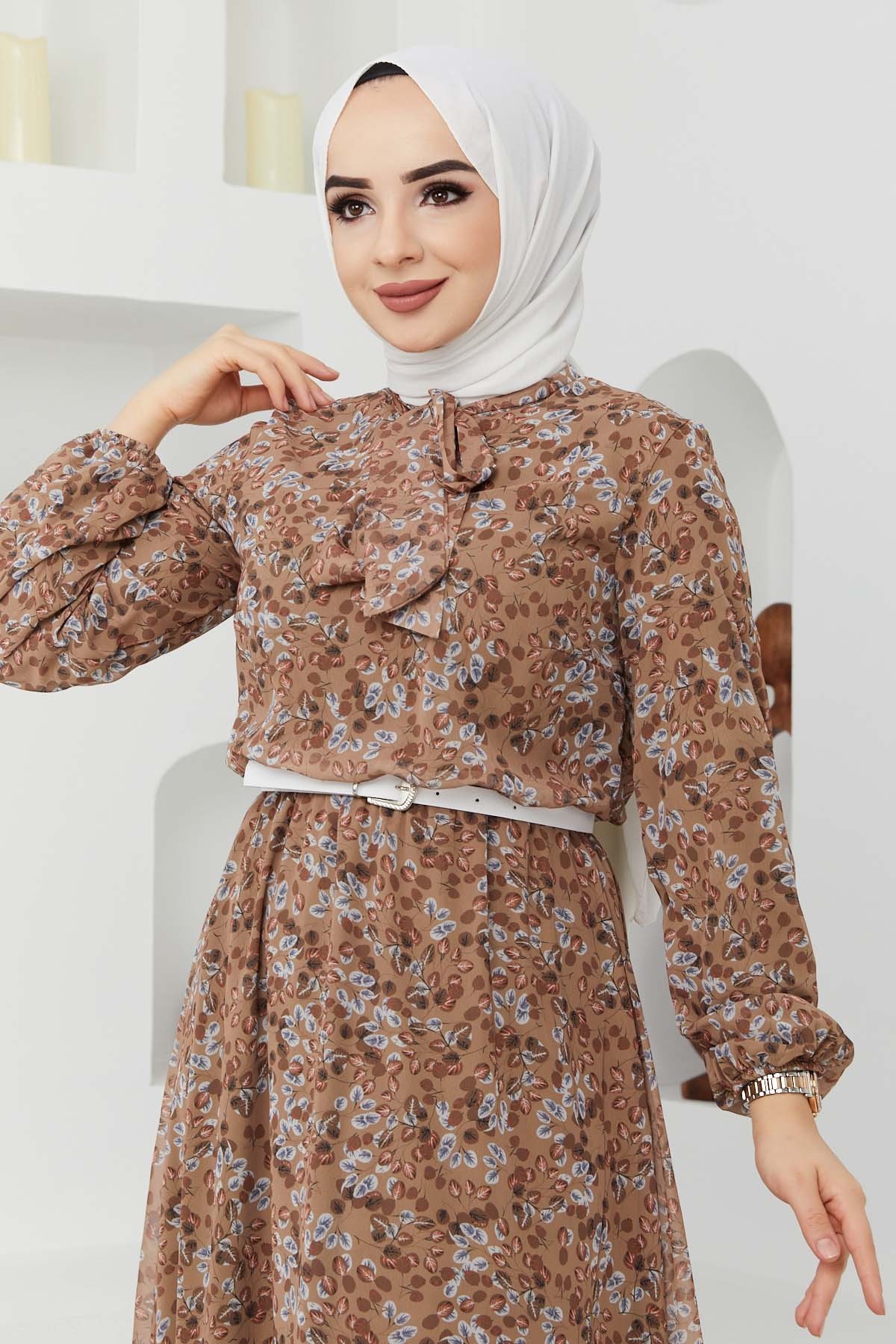 Çıtır Desen Şifon Elbise - Camel