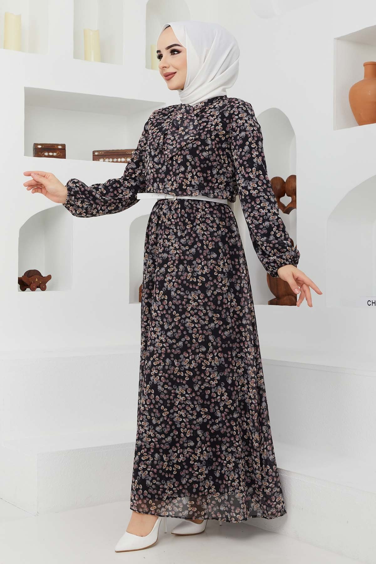 Çıtır Desen Şifon Elbise - Siyah