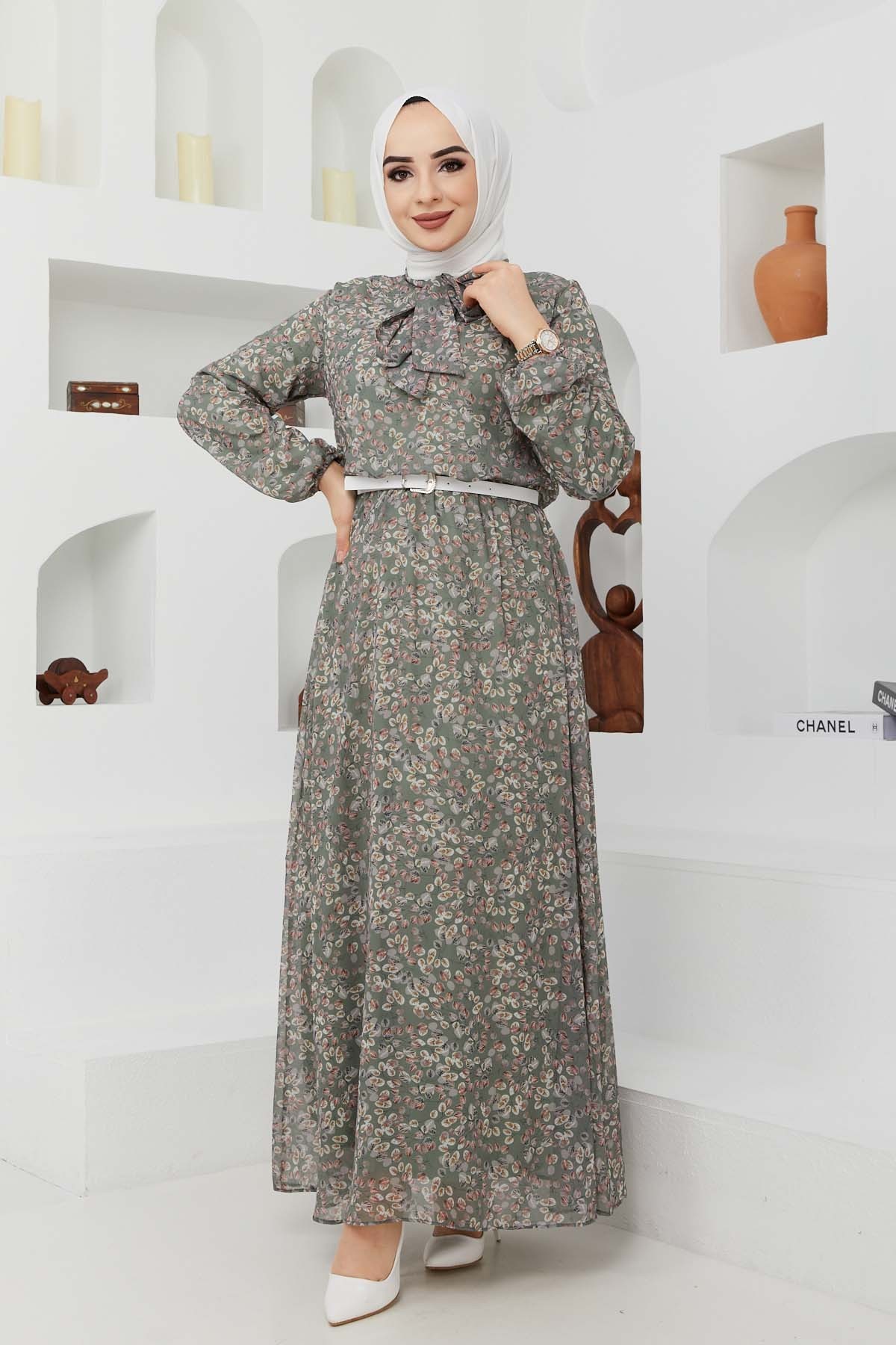 Çıtır Desen Şifon Elbise - Yeşil