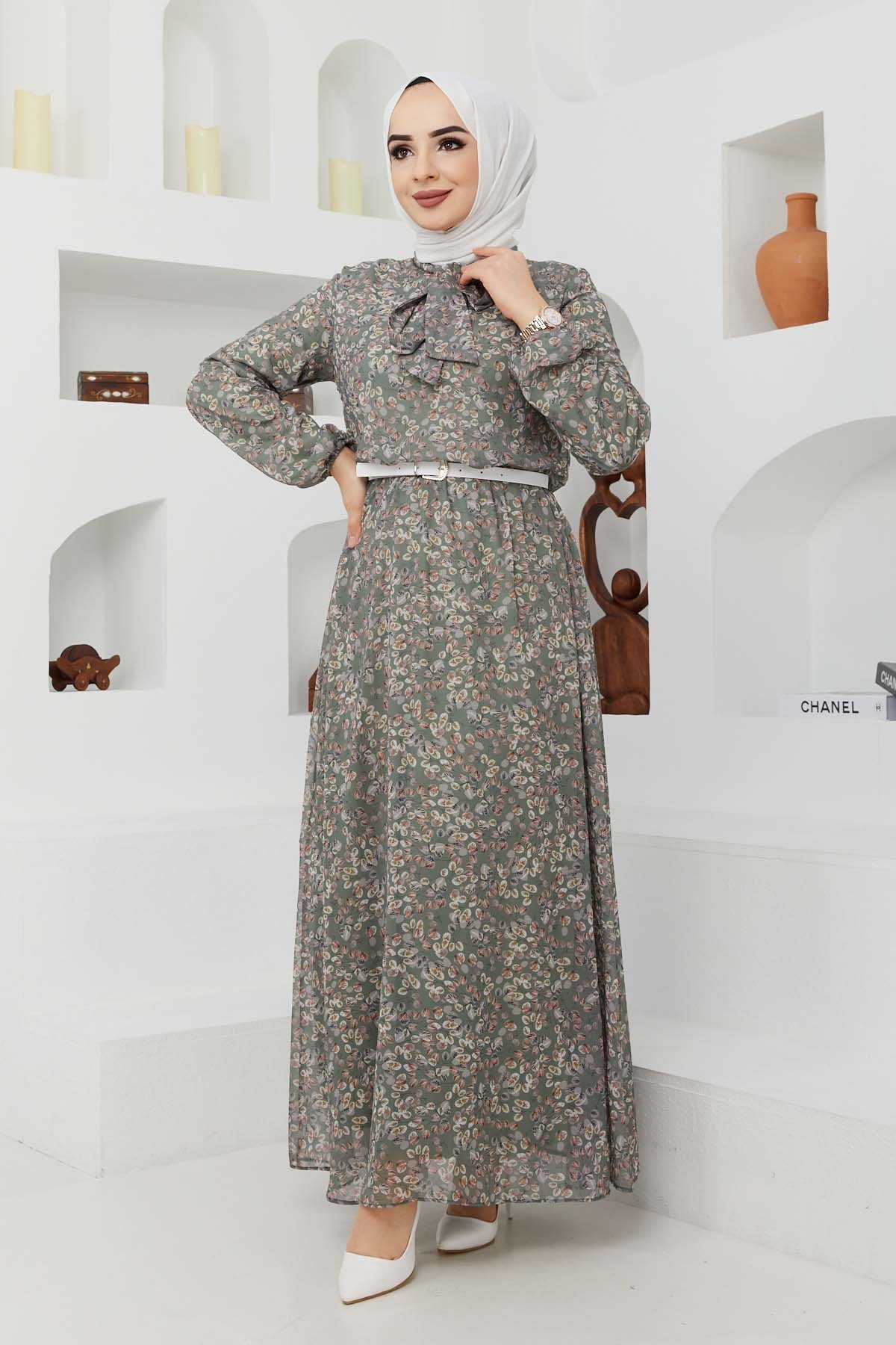 Çıtır Desen Şifon Elbise - Yeşil