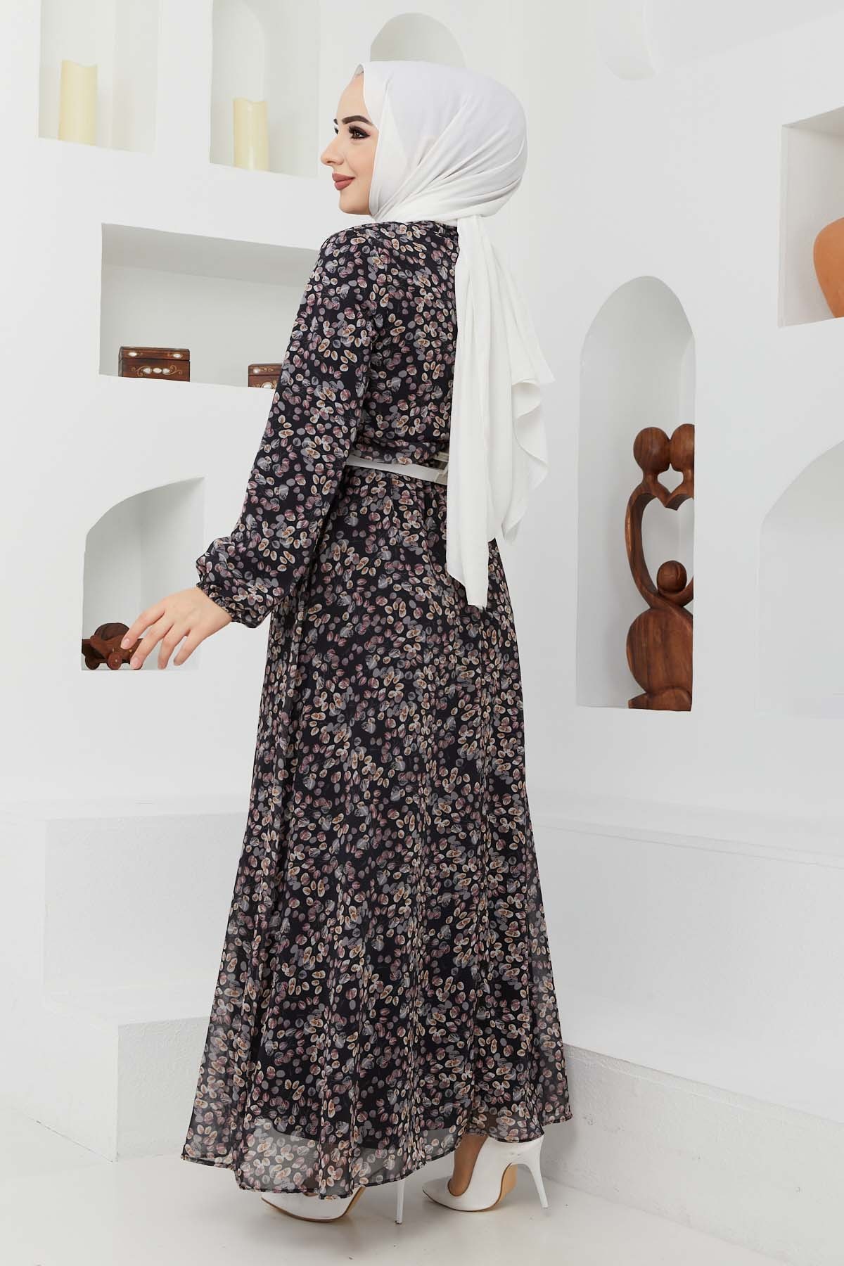 Çıtır Desen Şifon Elbise - Siyah