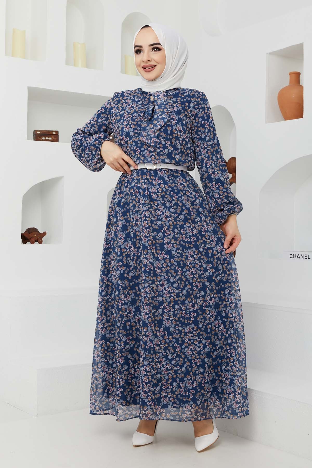 Çıtır Desen Şifon Elbise - Mavi