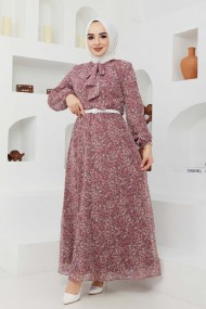 Çıtır Desen Şifon Elbise - Gül Kurusu