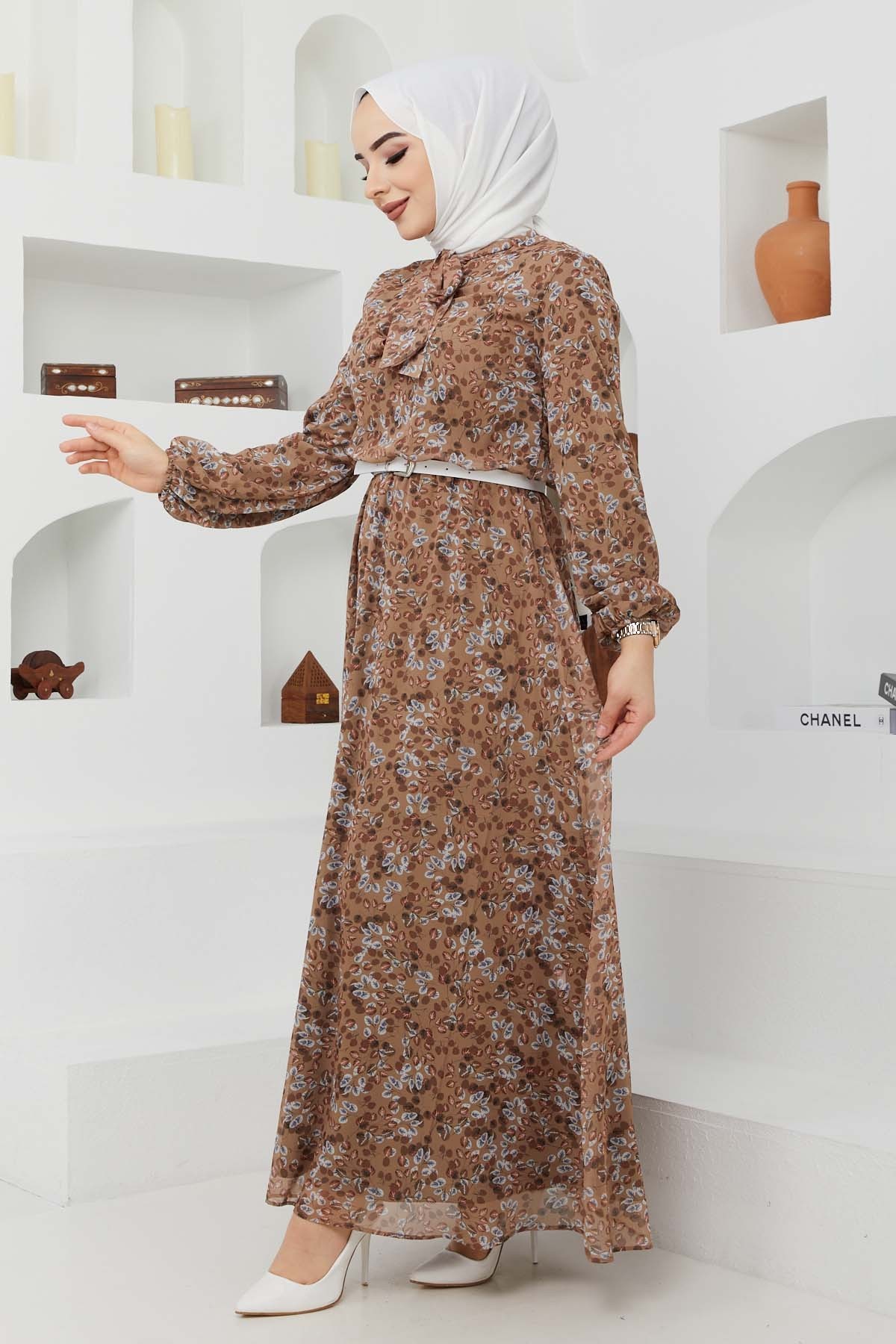 Çıtır Desen Şifon Elbise - Camel