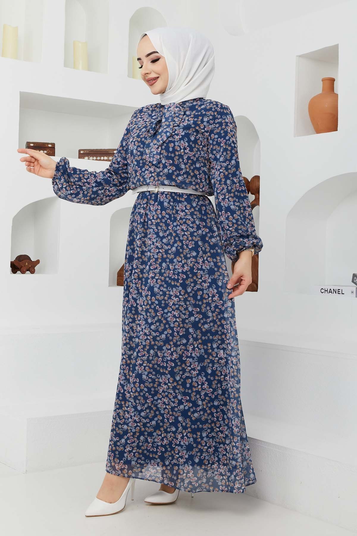 Çıtır Desen Şifon Elbise - Mavi