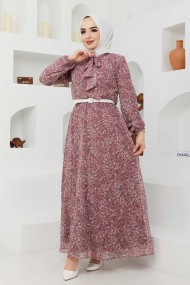 Çıtır Desen Şifon Elbise - Gül Kurusu