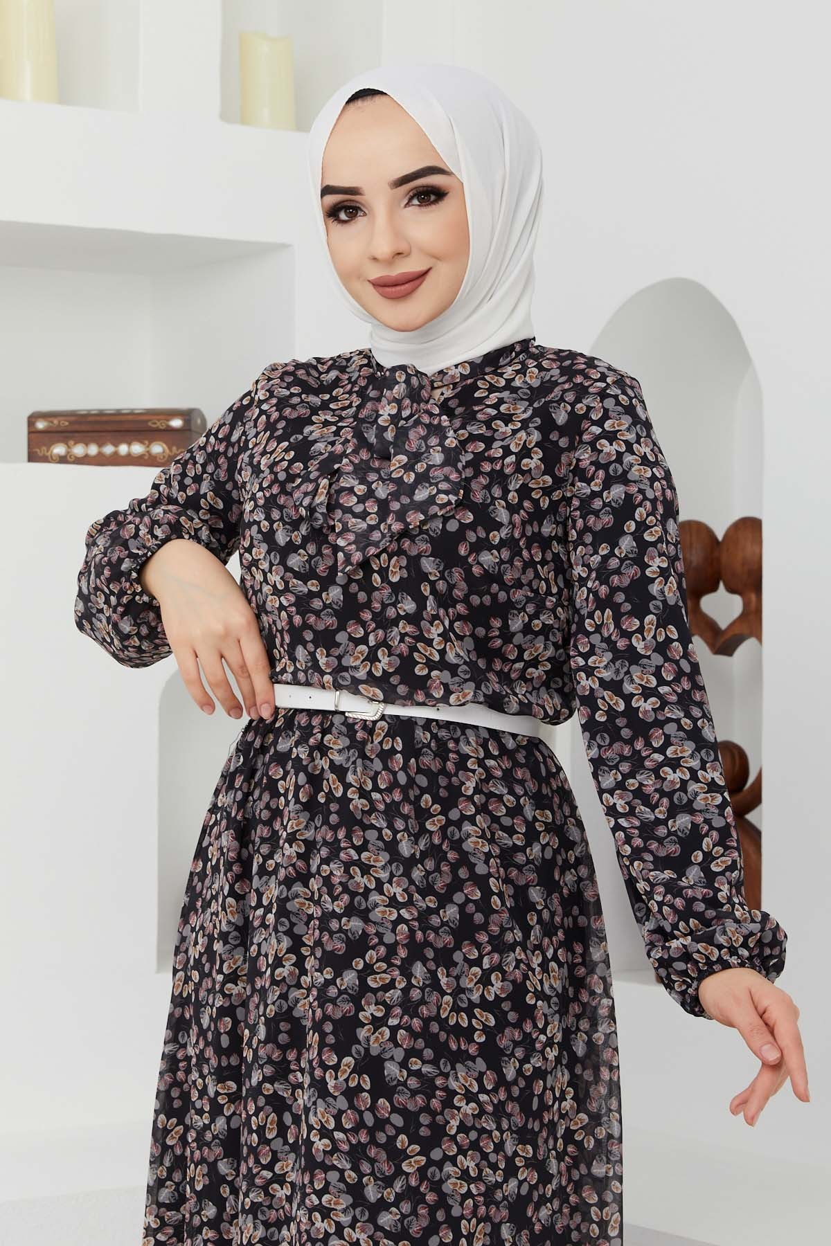 Çıtır Desen Şifon Elbise - Siyah