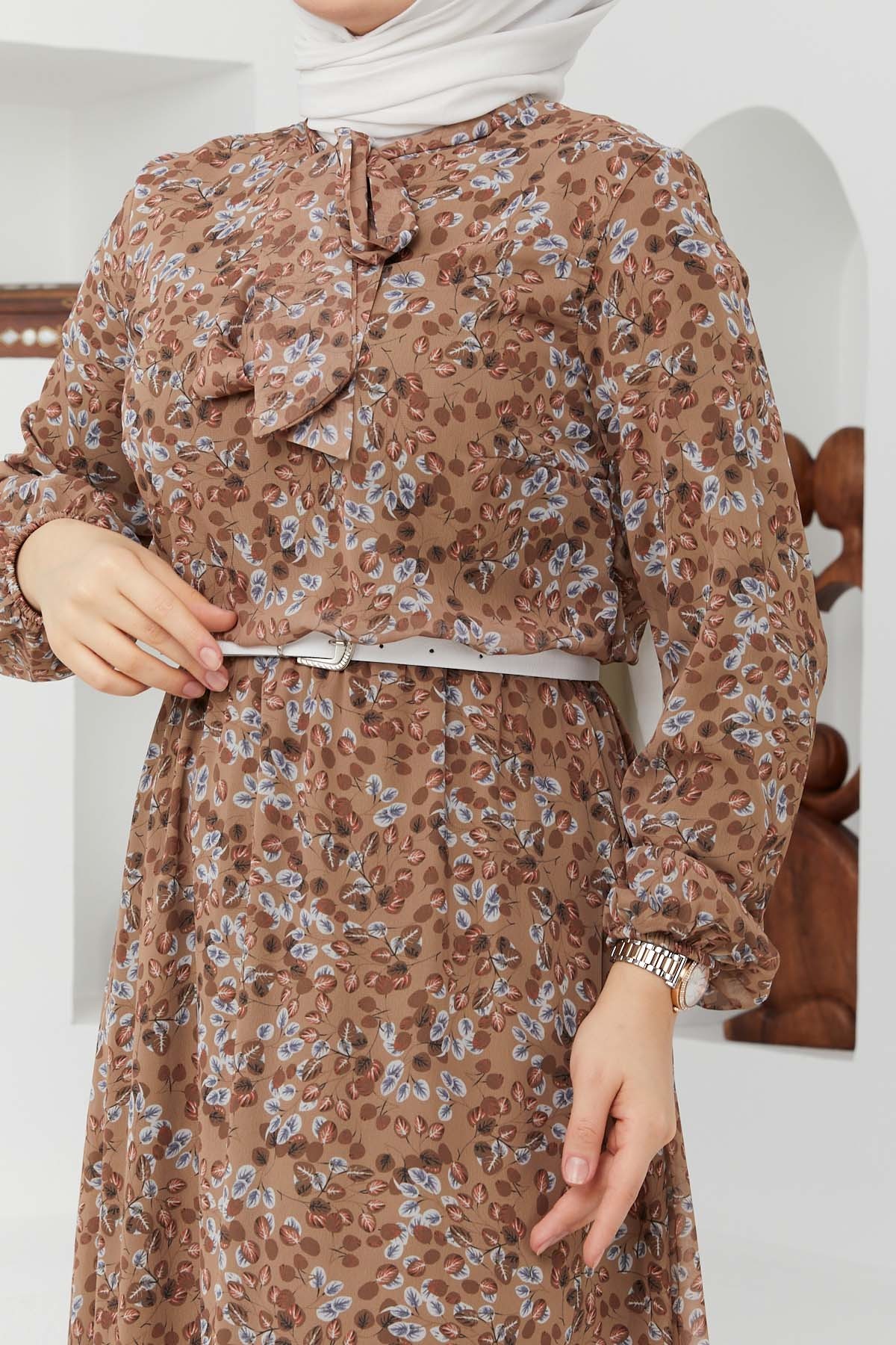 Çıtır Desen Şifon Elbise - Camel