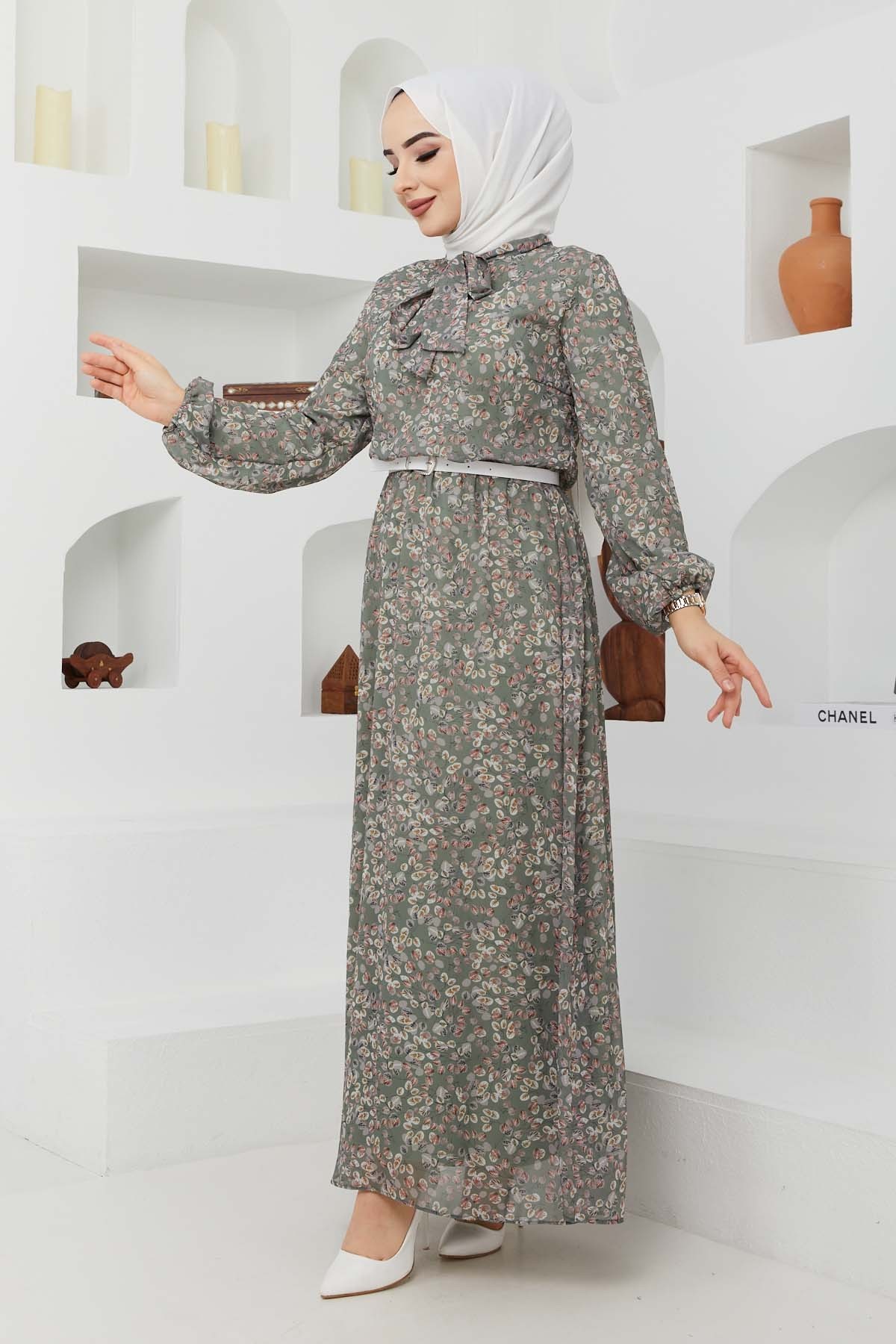 Çıtır Desen Şifon Elbise - Yeşil