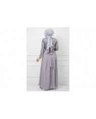 Üstü Pullu Abiye - Gri