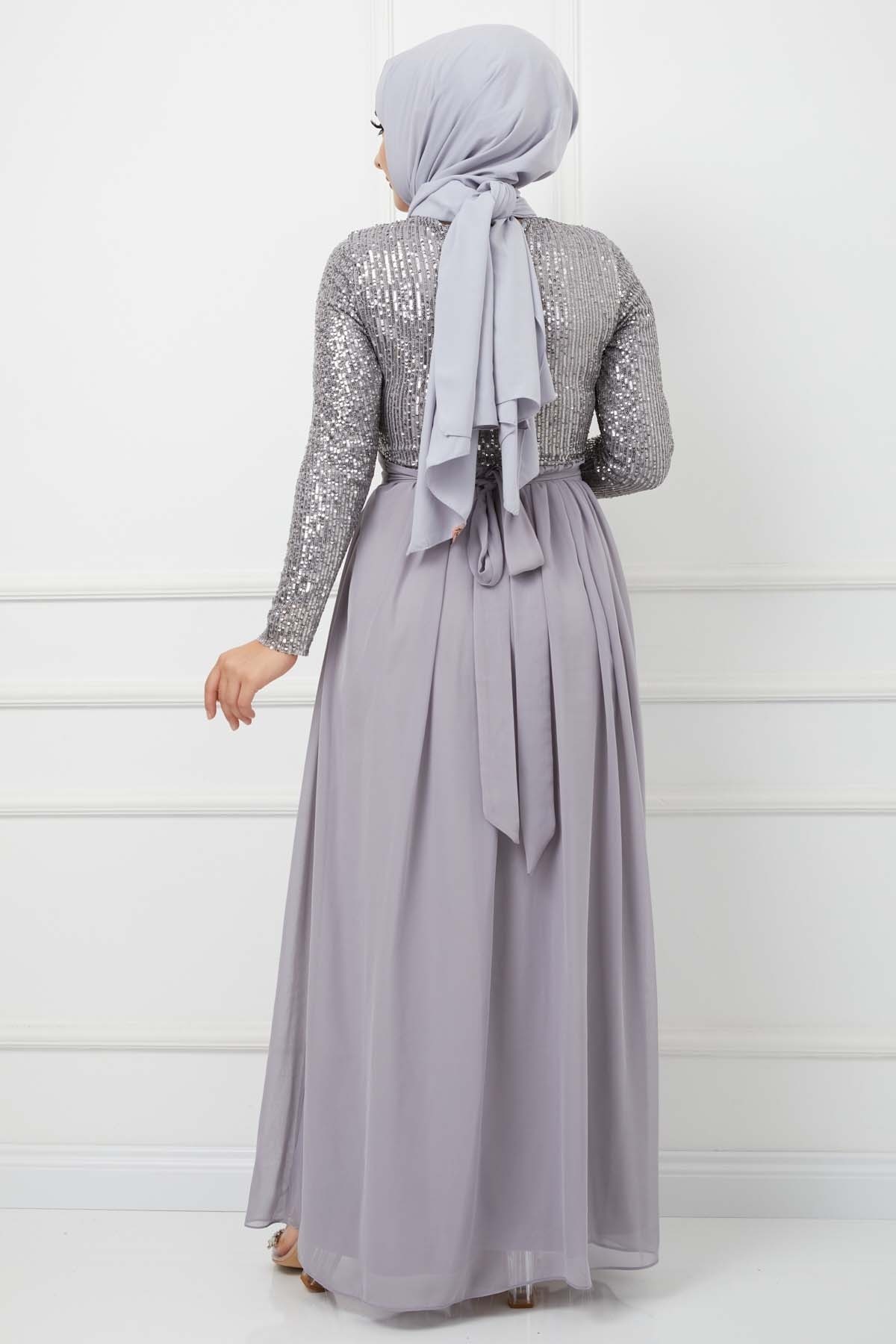 Üstü Pullu Abiye - Gri