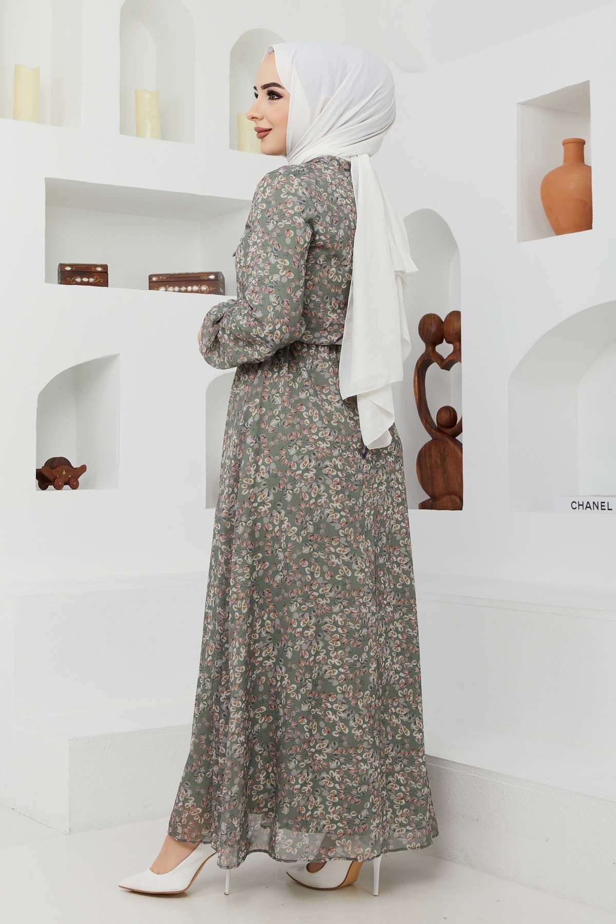 Çıtır Desen Şifon Elbise - Yeşil