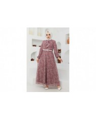 Çıtır Desen Şifon Elbise - Gül Kurusu