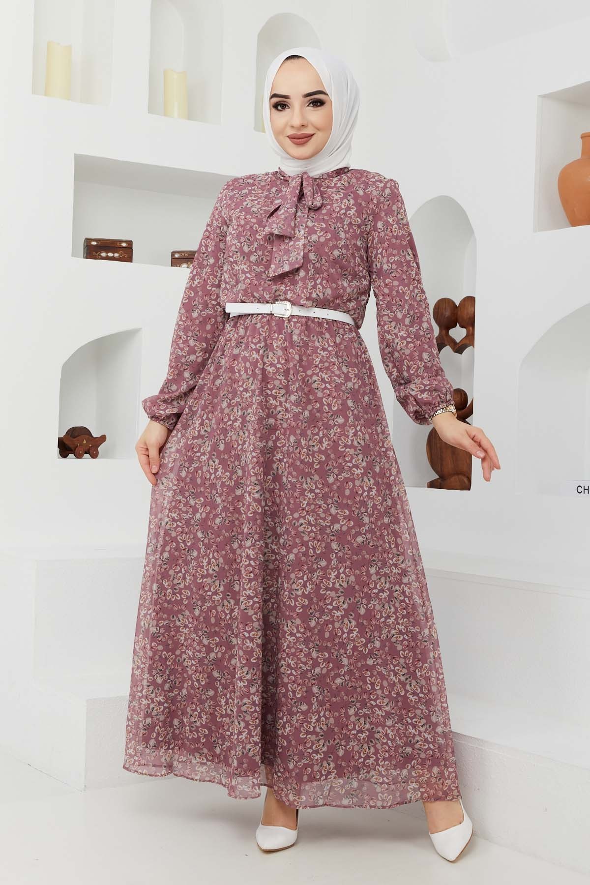 Çıtır Desen Şifon Elbise - Gül Kurusu