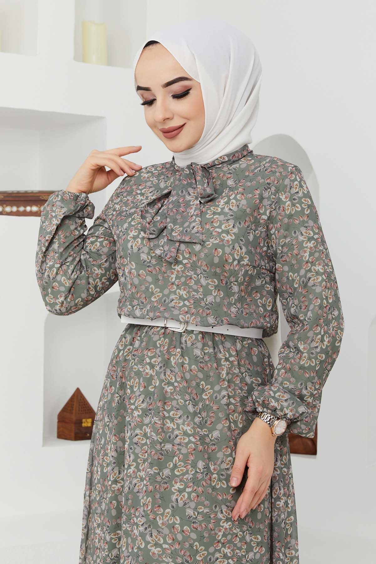 Çıtır Desen Şifon Elbise - Yeşil