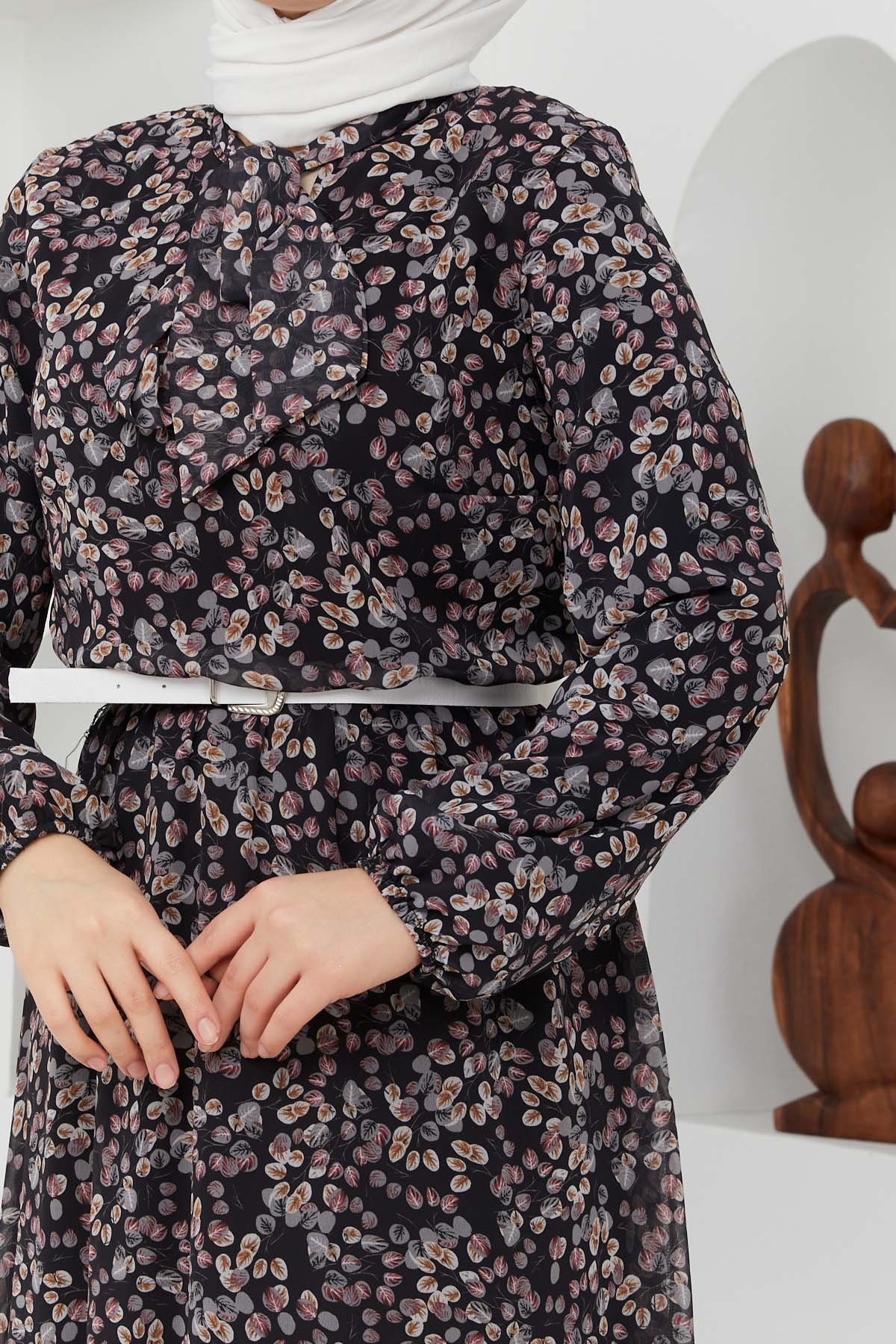 Çıtır Desen Şifon Elbise - Siyah