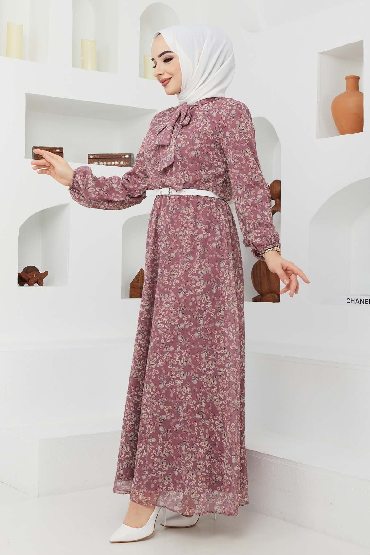 Çıtır Desen Şifon Elbise - Gül Kurusu