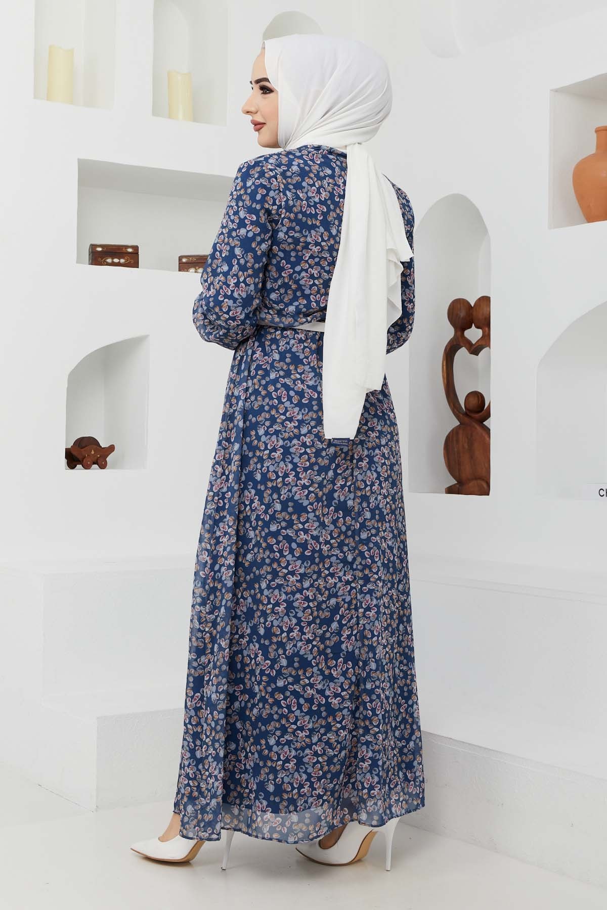 Çıtır Desen Şifon Elbise - Mavi