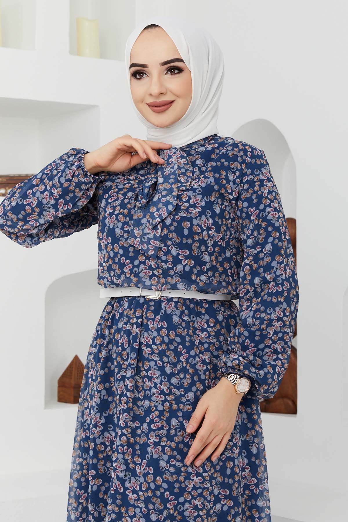 Çıtır Desen Şifon Elbise - Mavi