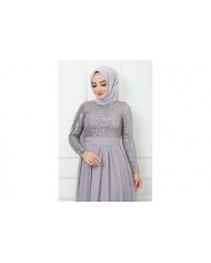 Üstü Pullu Abiye - Gri
