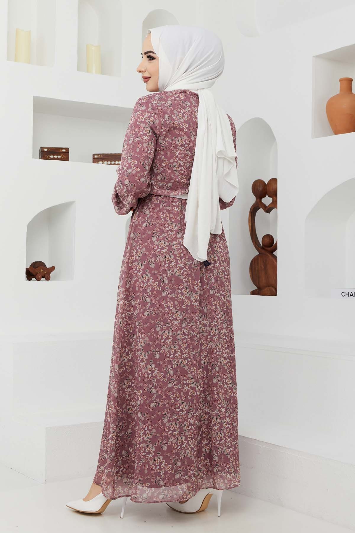 Çıtır Desen Şifon Elbise - Gül Kurusu