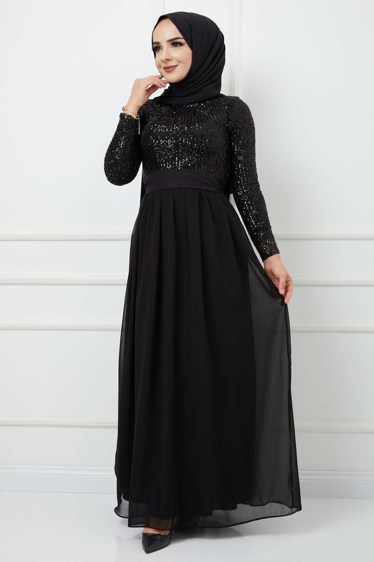 Üstü Pullu Abiye - Siyah