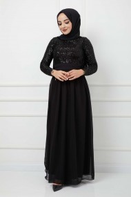 Üstü Pullu Abiye - Siyah