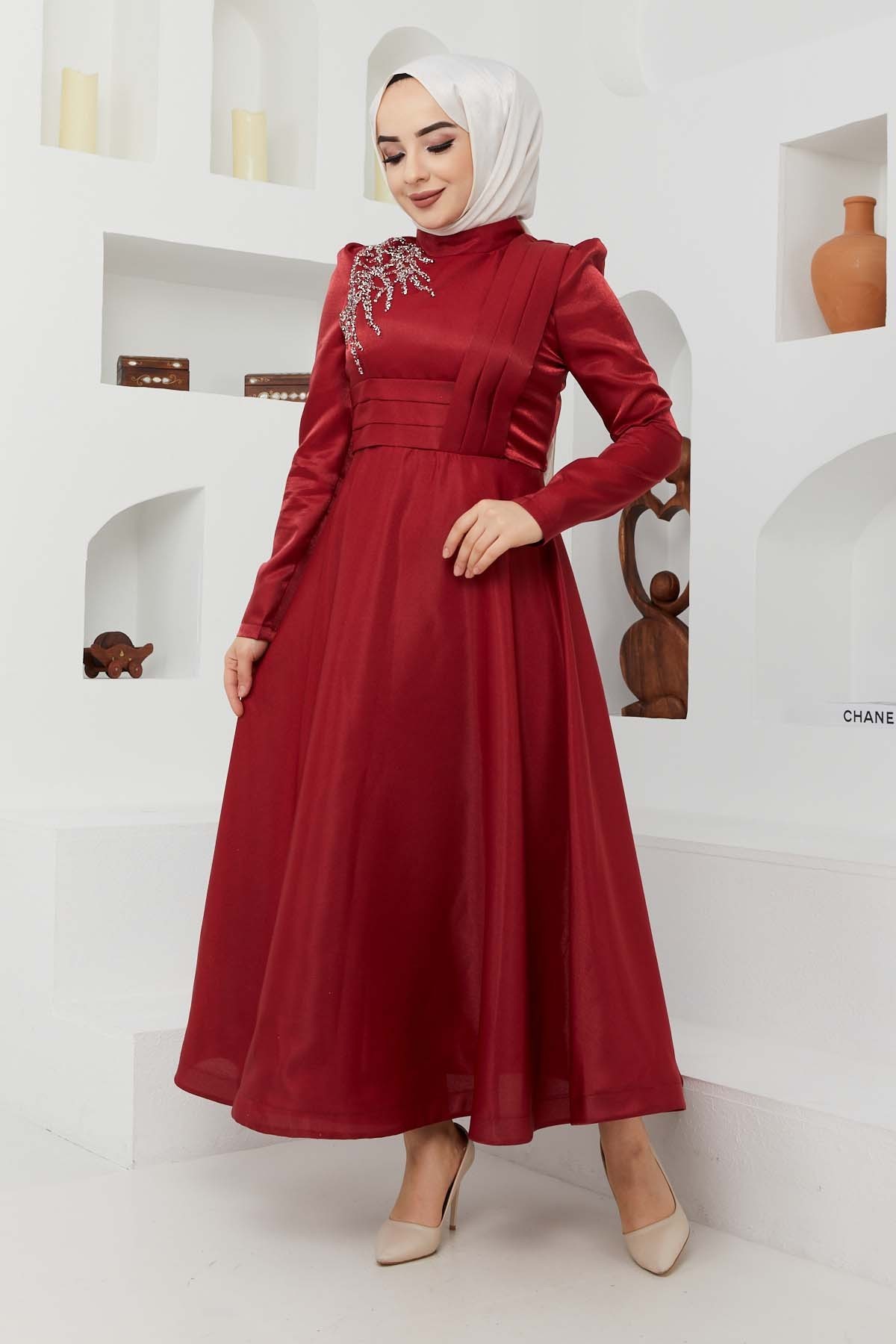 Taş Saten Abiye - Bordo