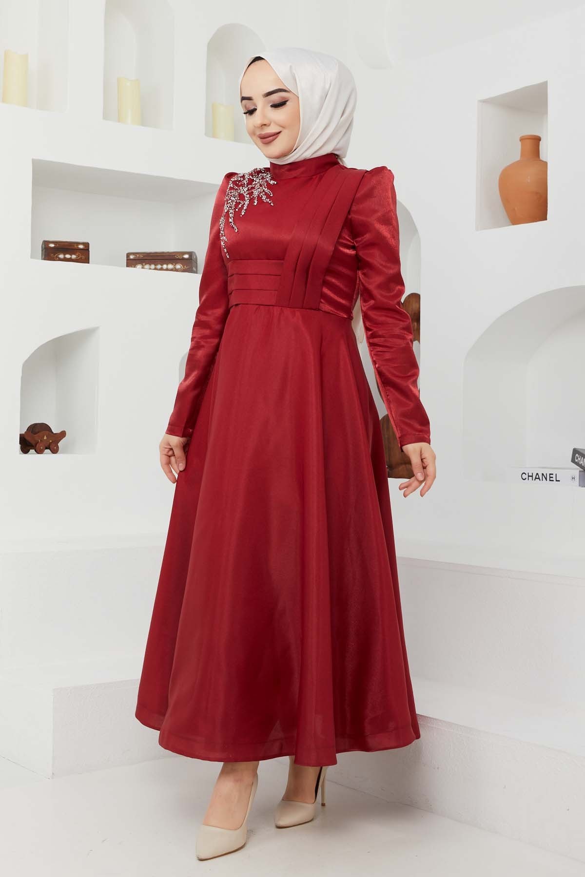 Taş Saten Abiye - Bordo