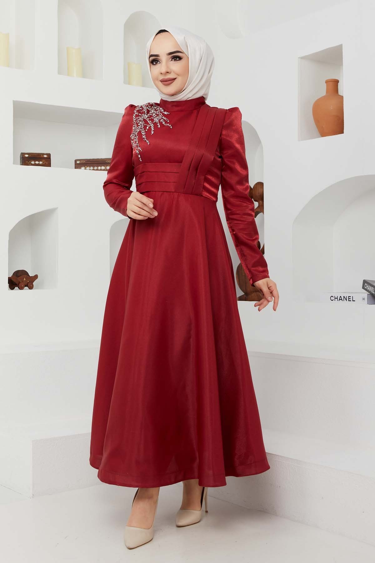 Taş Saten Abiye - Bordo