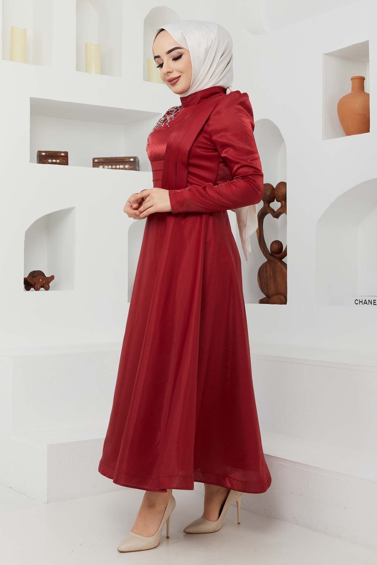 Taş Saten Abiye - Bordo