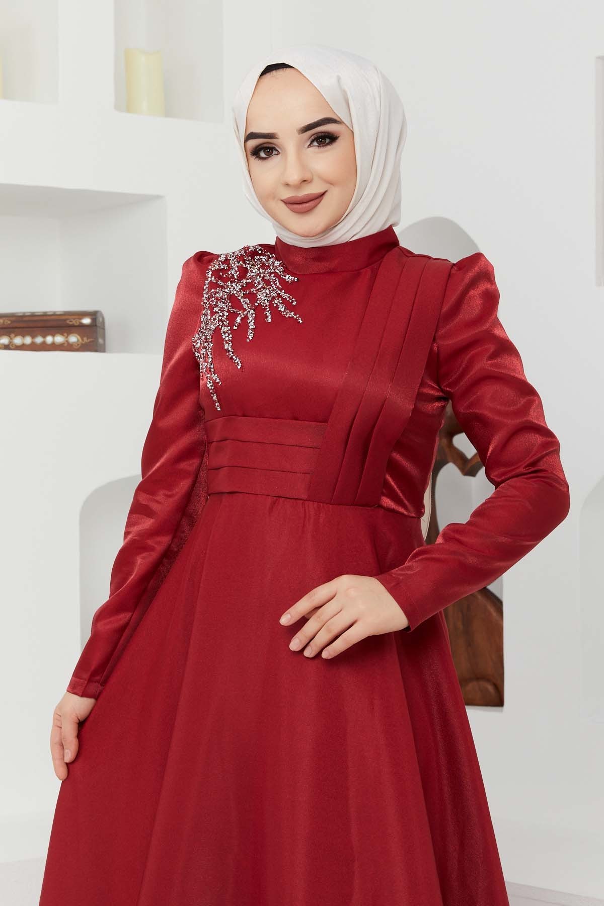 Taş Saten Abiye - Bordo