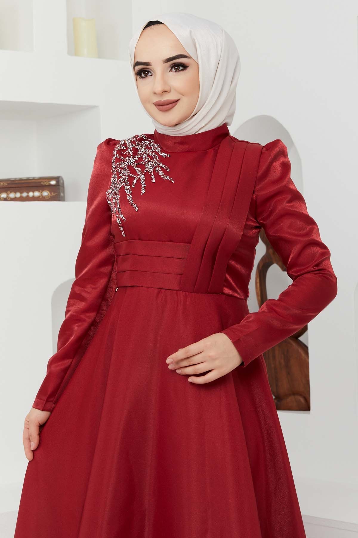 Taş Saten Abiye - Bordo